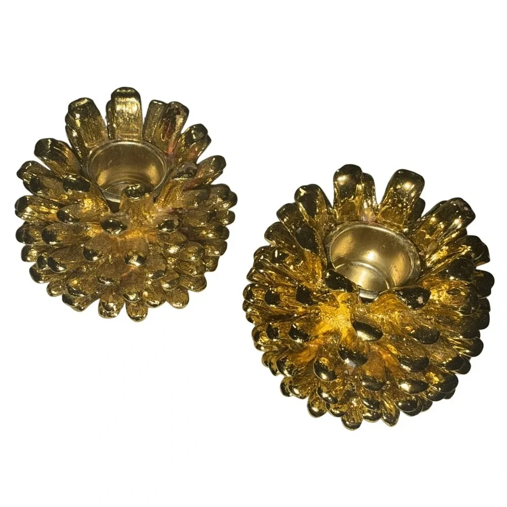 Golden Pinecone Taper Candleholders